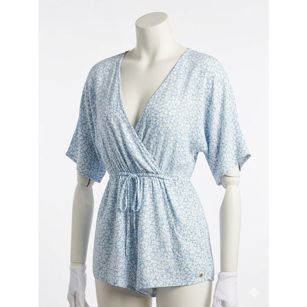 Altar'd State Blue White Floral Wrap Romper Small Boho Cottagecore Summer Dress - Picture 2 of 14